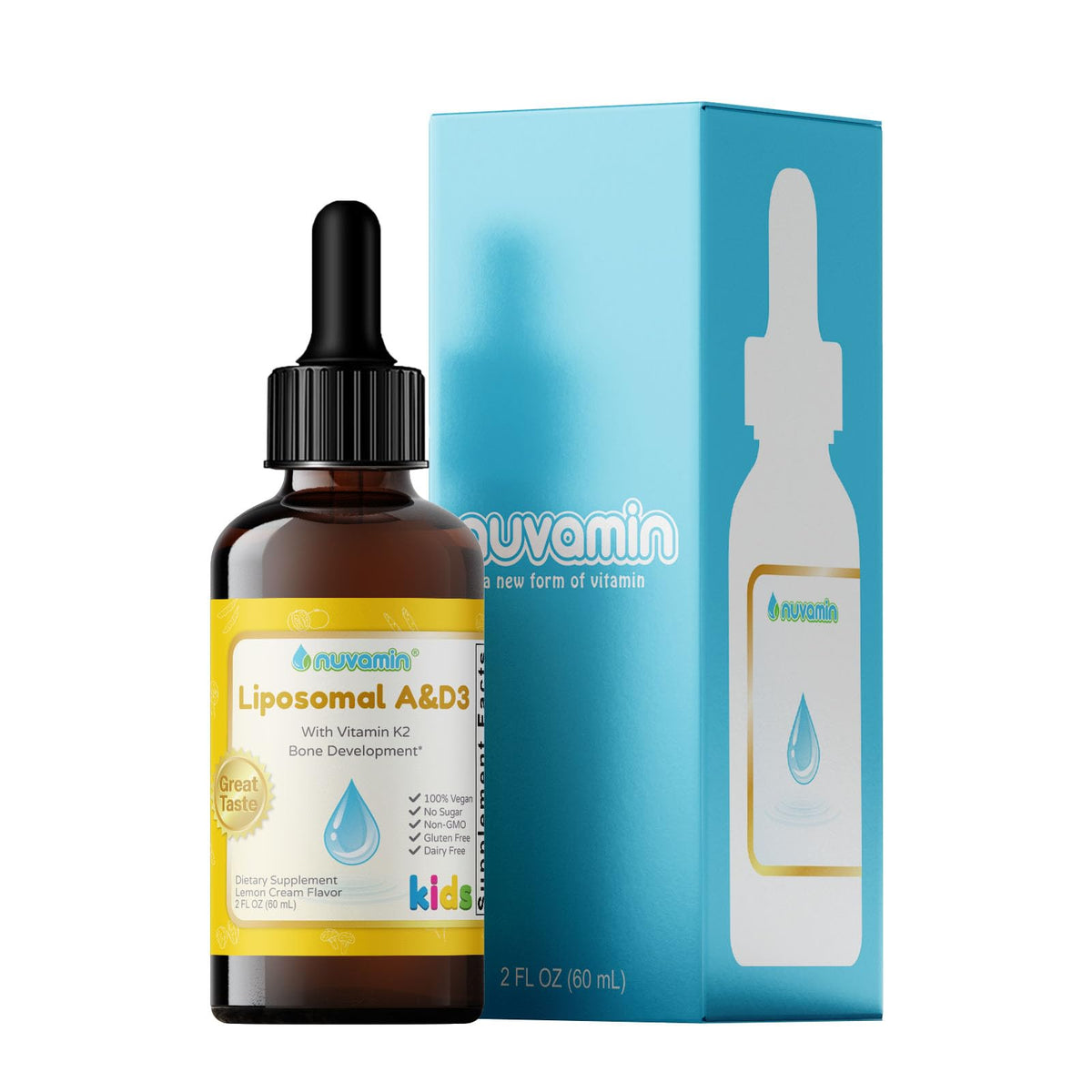 Nuvamin lemon drops bottle ready for daily vitamin A, D3, and K2 support.
