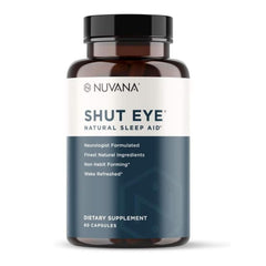 Nuvana Shut Eye bottle close-up showing quality packaging for a reliable sleep aid