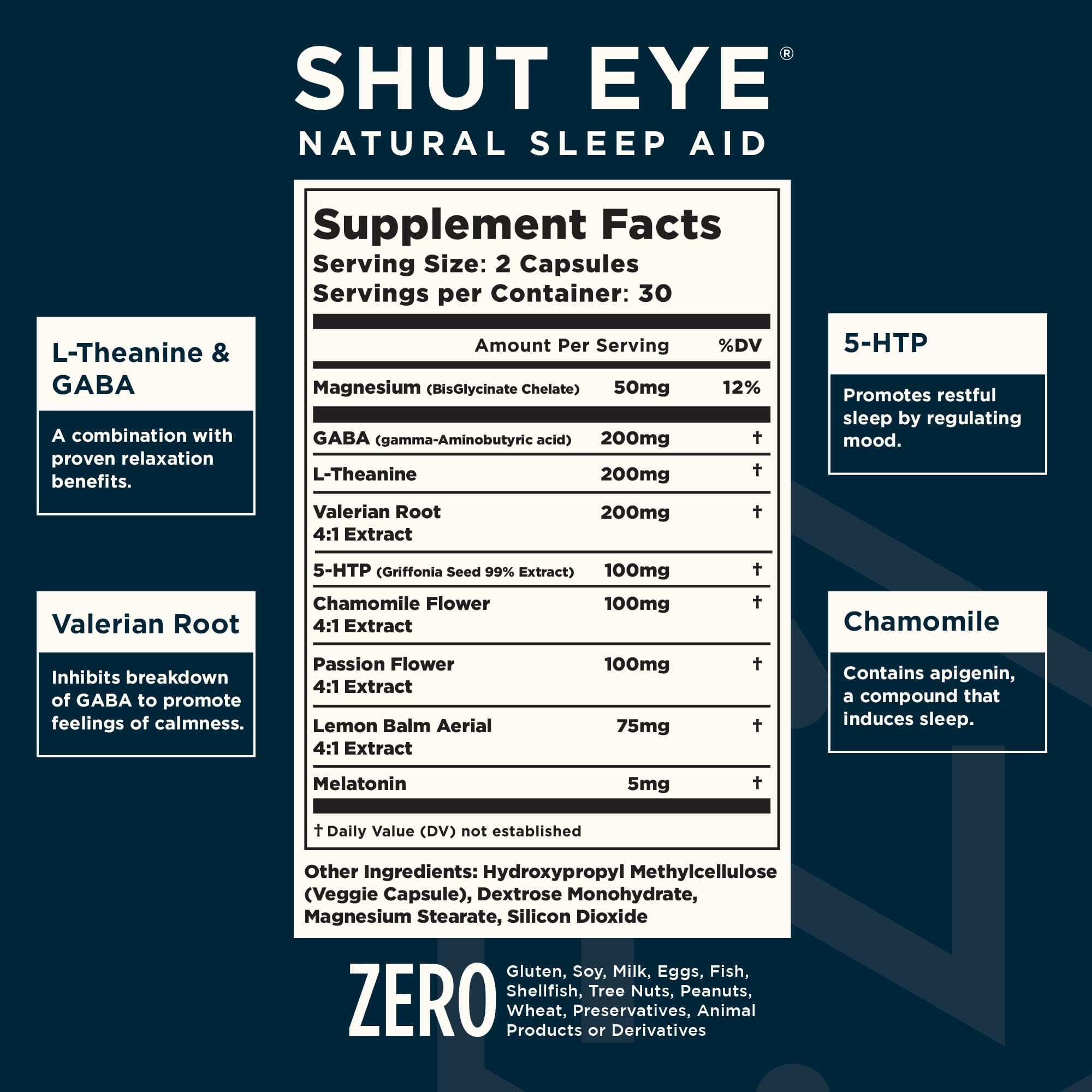 Nuvana Shut Eye ingredients panel featuring valerian, chamomile, passion flower, lemon balm