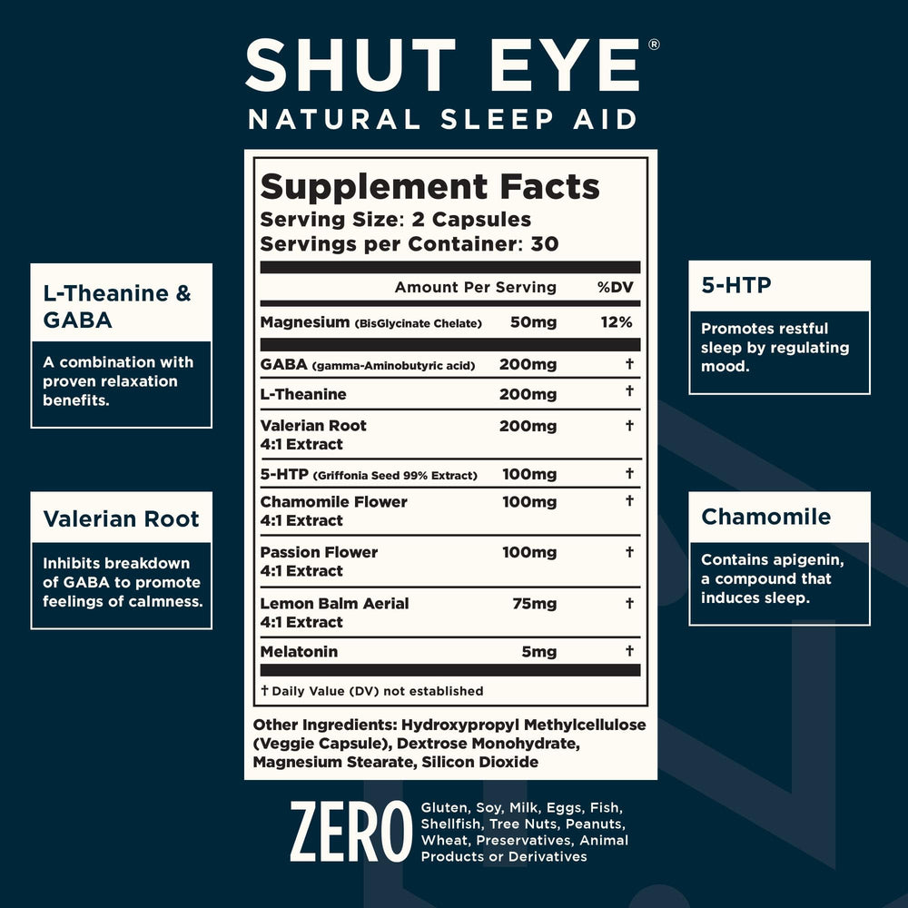 Nuvana Shut Eye ingredients panel featuring valerian, chamomile, passion flower, lemon balm
