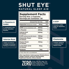 Nuvana Shut Eye ingredients panel featuring valerian, chamomile, passion flower, lemon balm