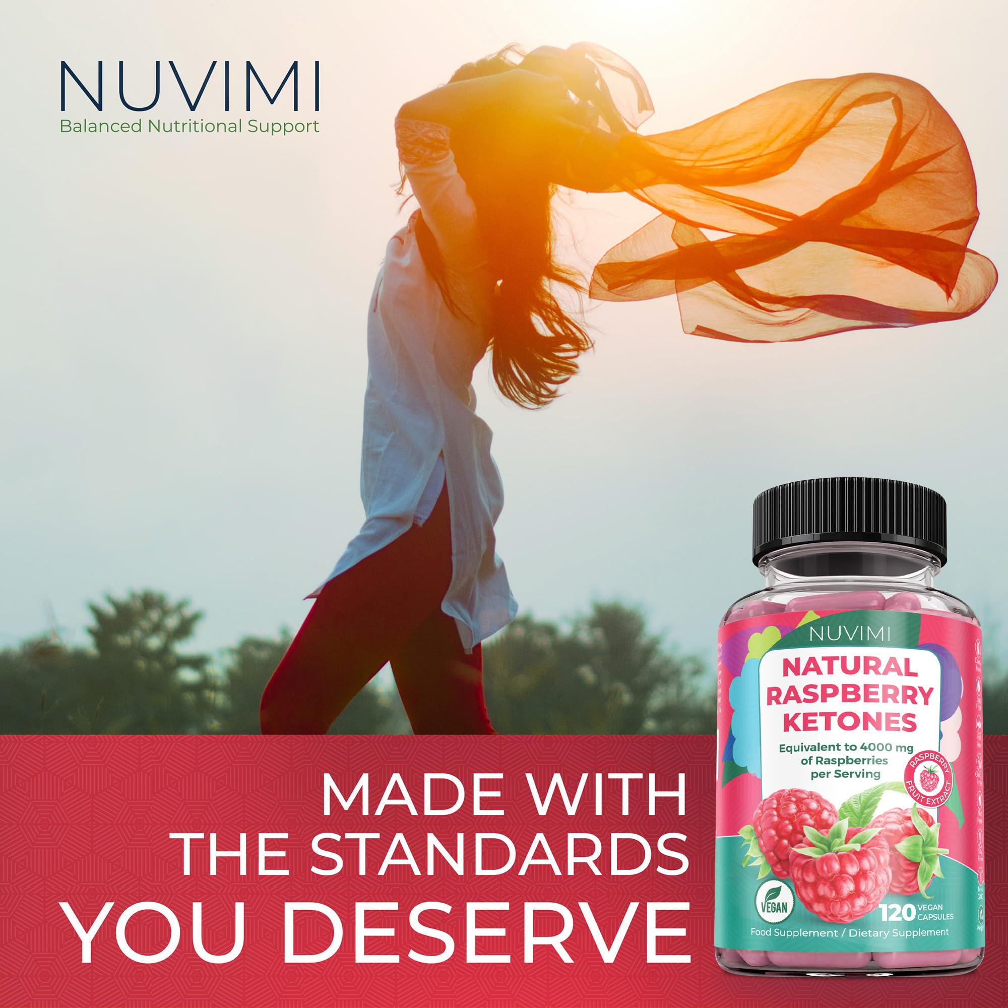 NUVIMI Raspberry Ketones bottle beside a healthy meal for on-the-go energy.