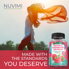NUVIMI Raspberry Ketones bottle beside a healthy meal for on-the-go energy.