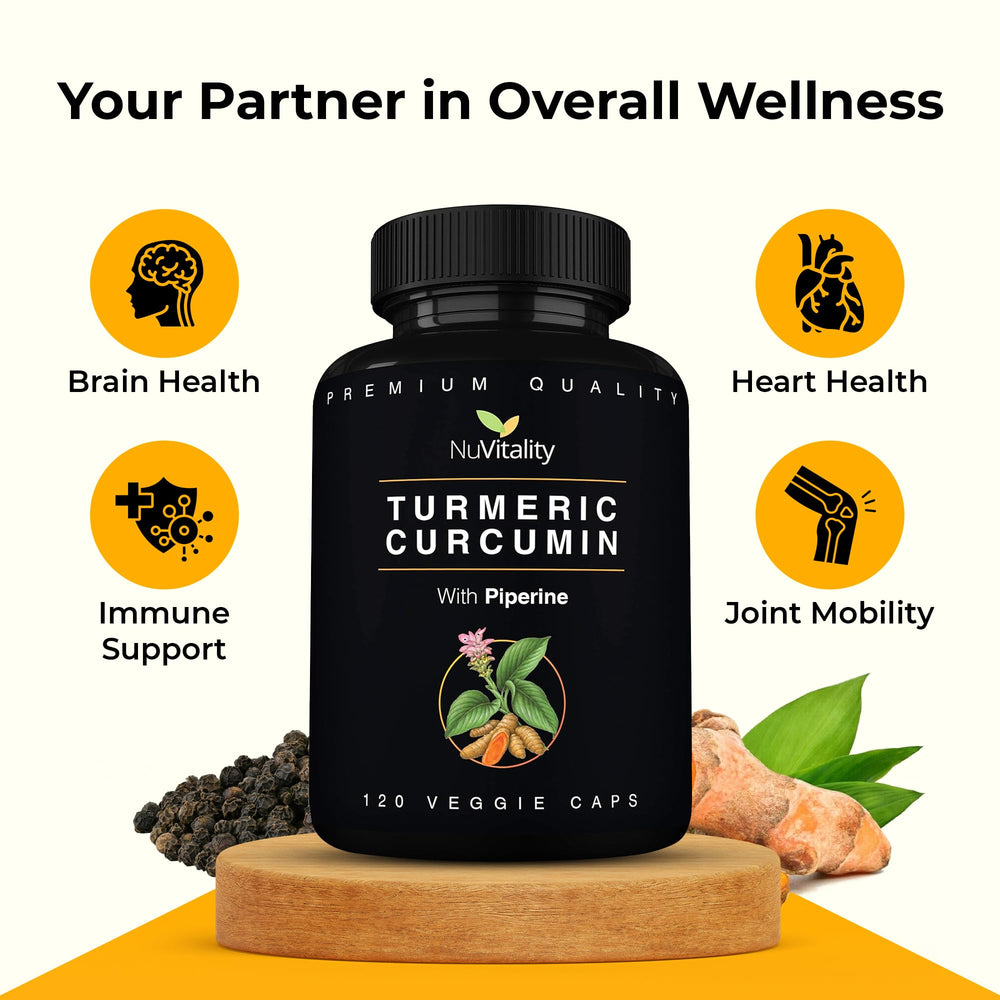 NuVitality Turmeric Curcumin bottle on shelf with premium packaging