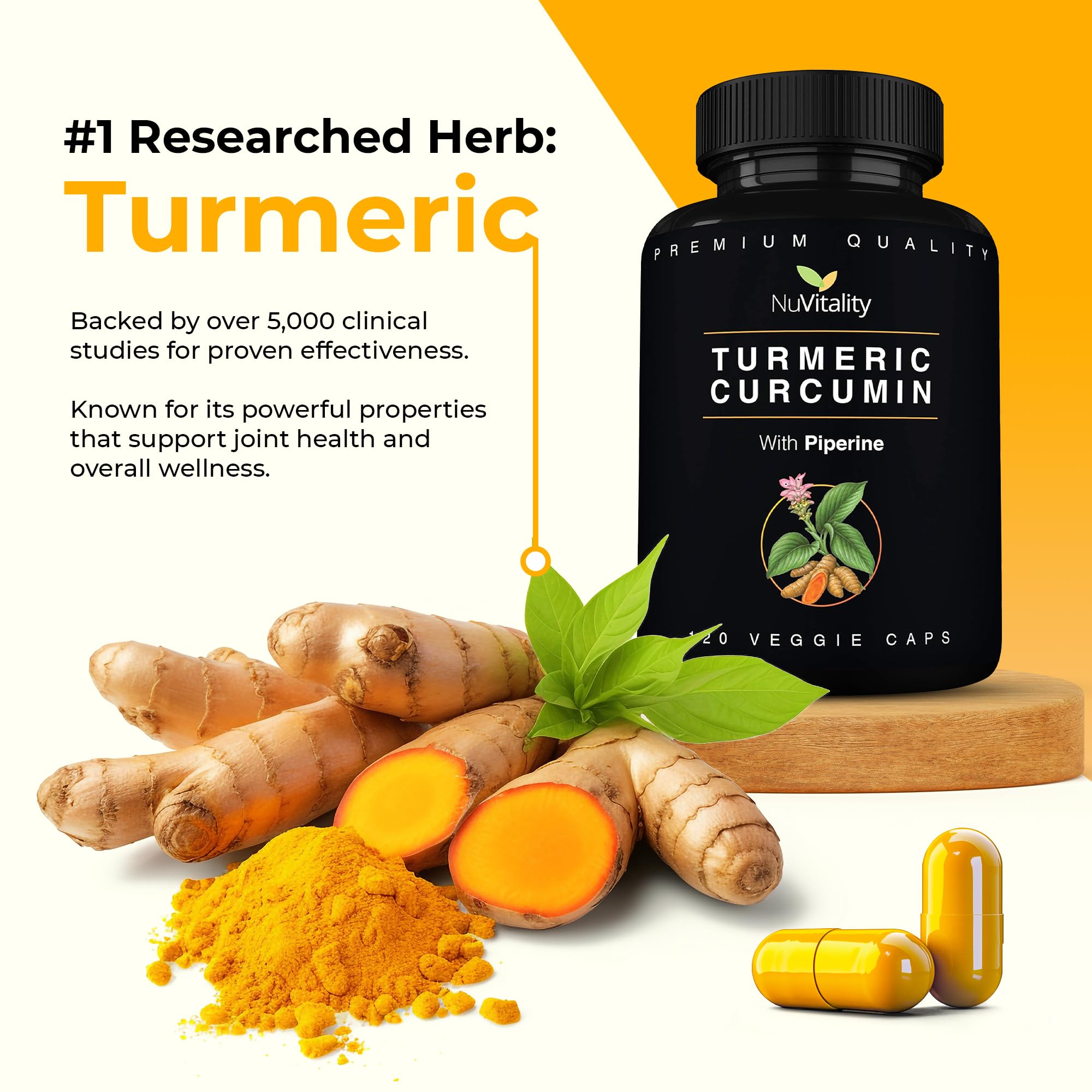NuVitality Turmeric Curcumin capsules close-up highlighting high potency