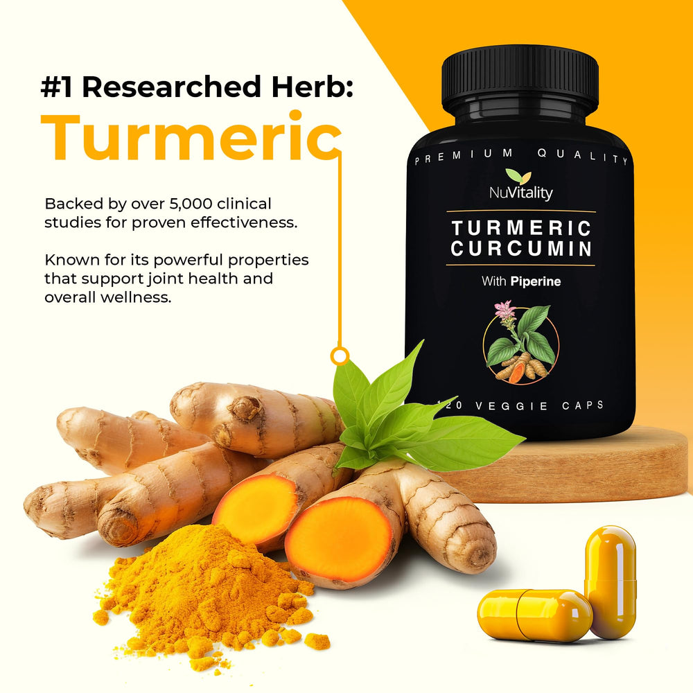 NuVitality Turmeric Curcumin capsules close-up highlighting high potency