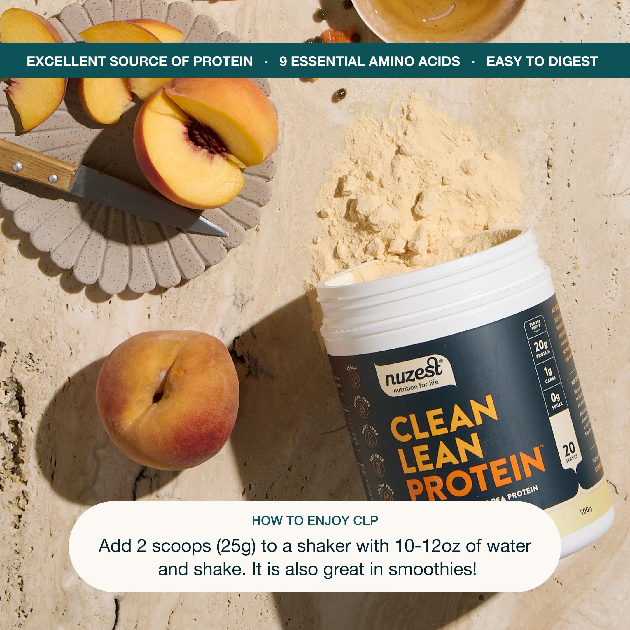 Nuzest 98% digestibility claim visual communicates easy digestion.