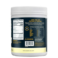 Nuzest pea protein isolate label highlights complete amino acid profile and allergen-free formula.