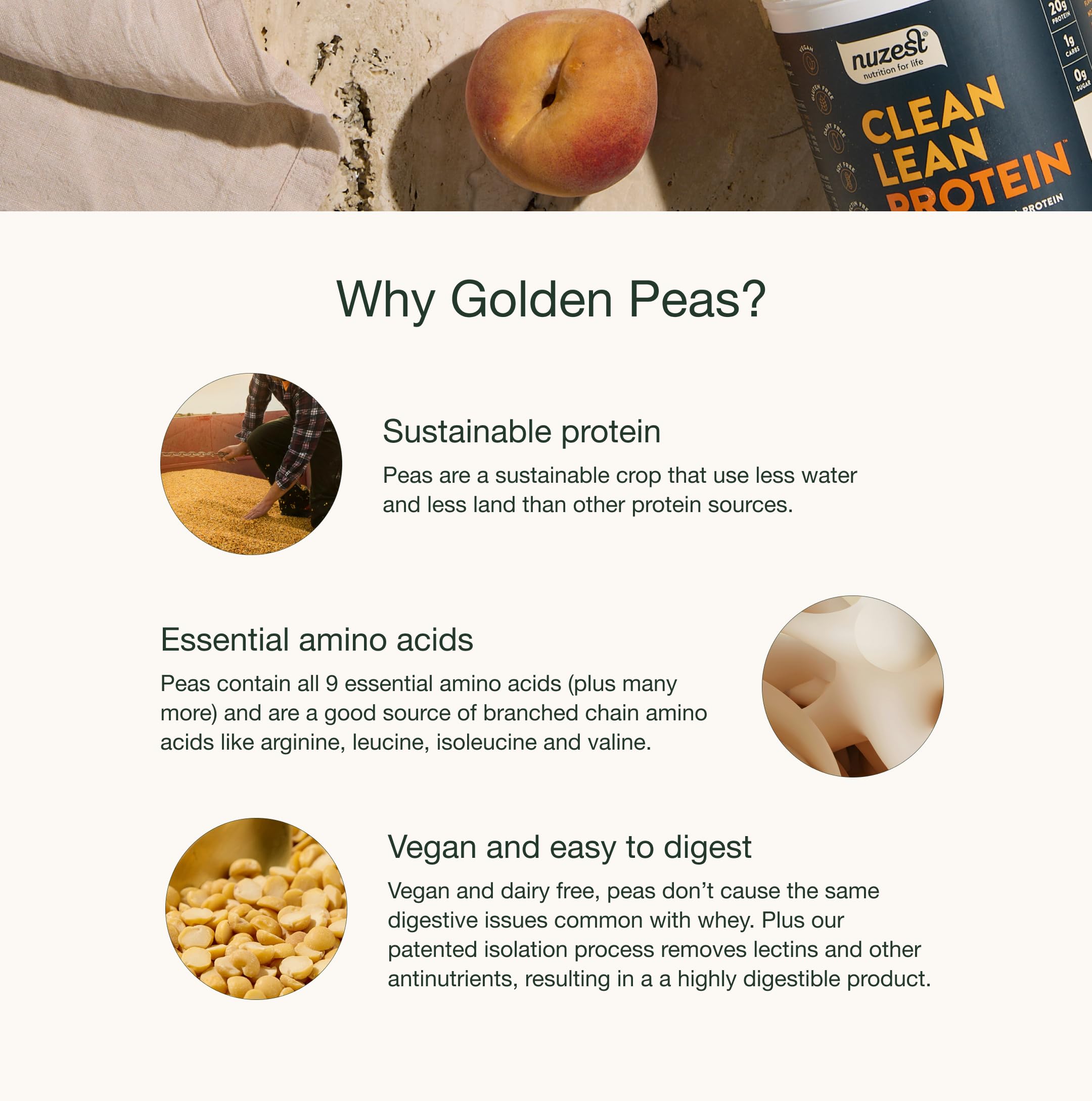 Nuzest pea protein powder allergen-free badge signals safe vegan nutrition.