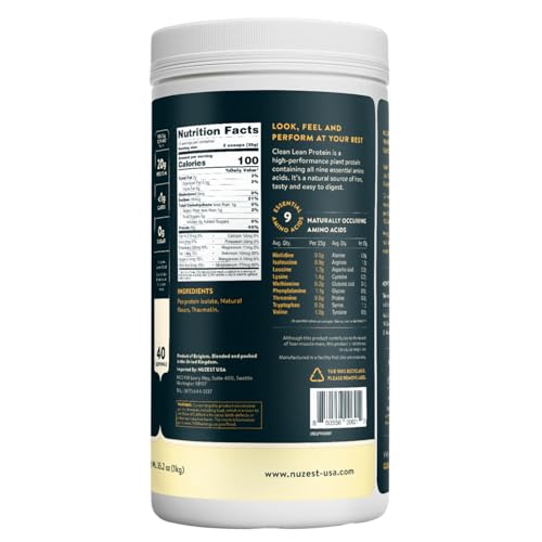 Nuzest pea protein powder bottle label highlights allergen-free, gluten-free, dairy-free nutrition.