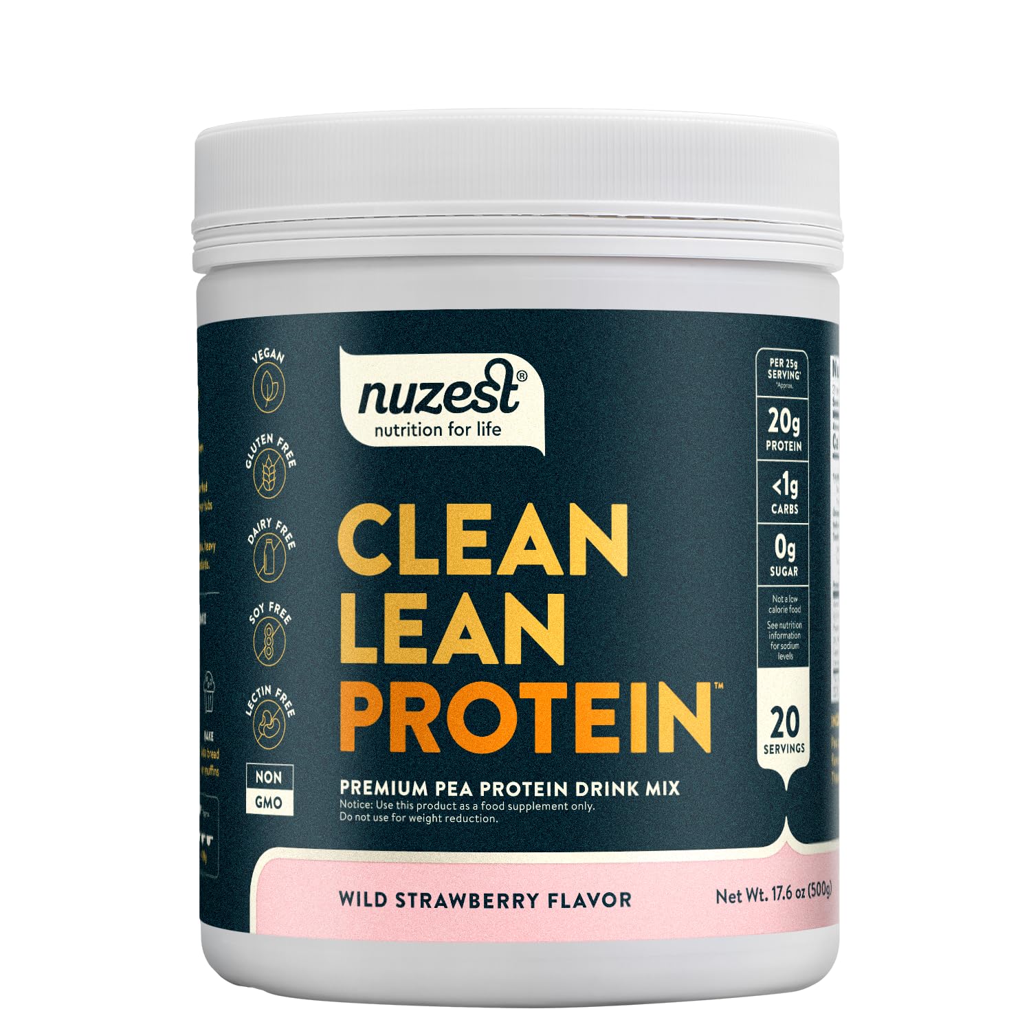 Nuzest pea protein powder bottle on counter, highlighting vegan, dairy-free protein for daily vitality.