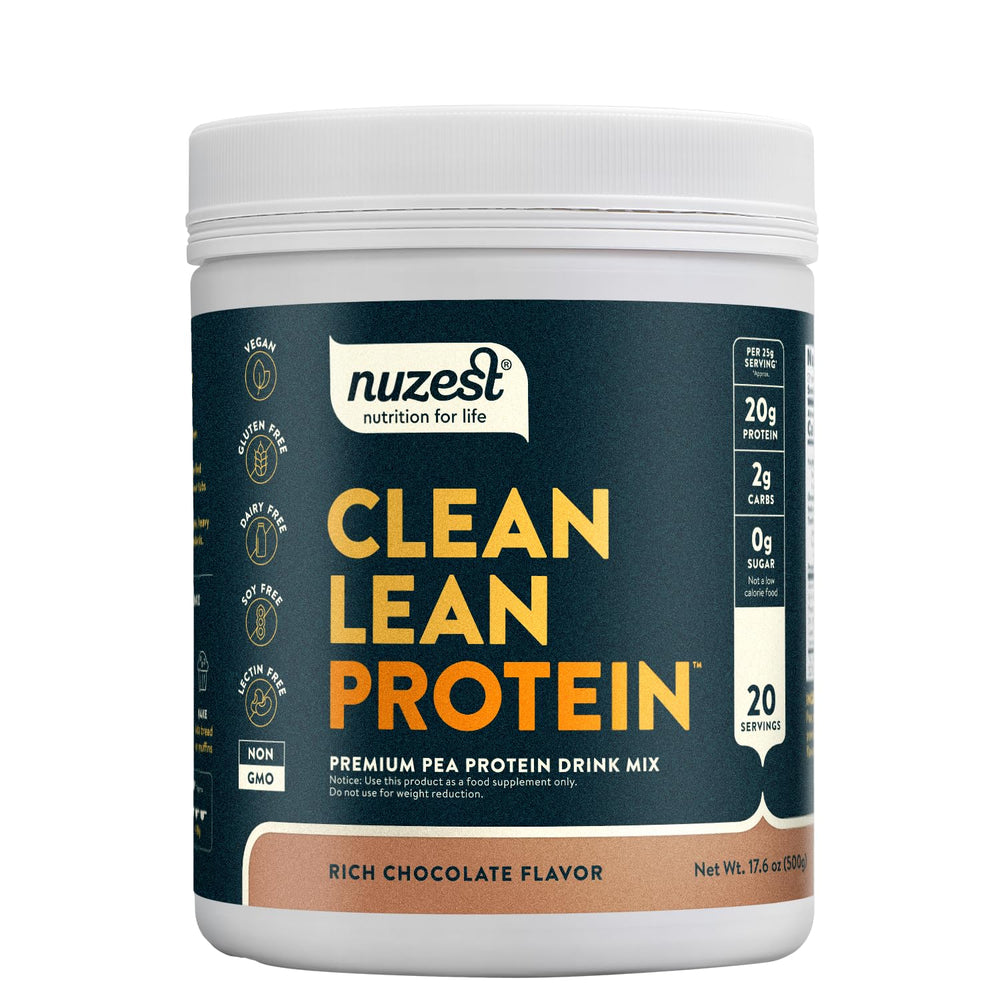 Nuzest pea protein powder chocolate being poured into a shaker for a quick shake