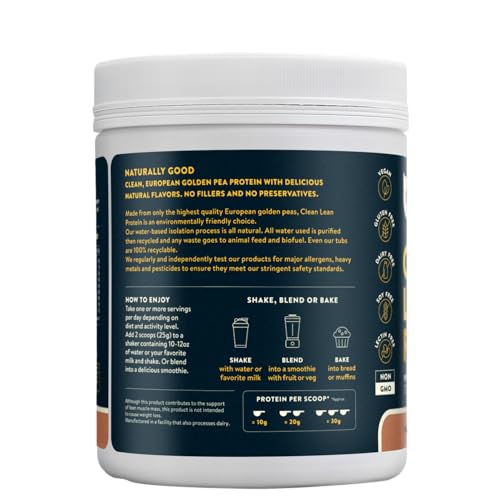 Nuzest pea protein powder chocolate scoop ready for a high-protein smoothie
