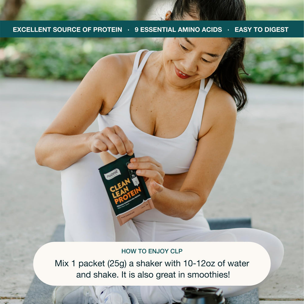 Close-up of Nuzest pea protein powder texture for quick, easy mixing