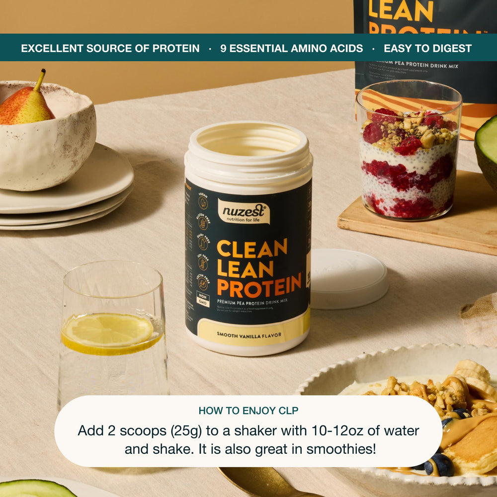 Nuzest pea protein powder packaging front underscores premium quality and 40 servings.