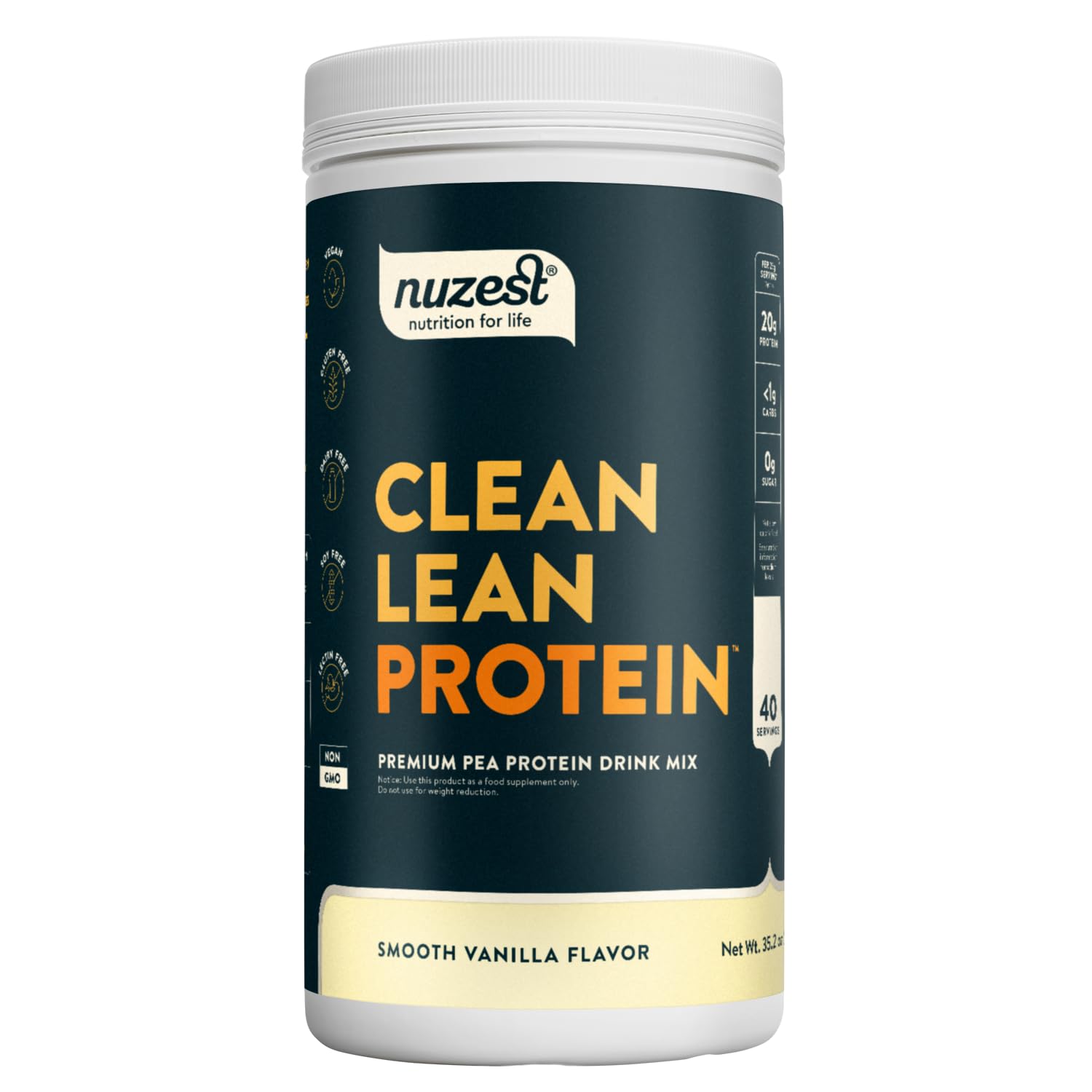 Nuzest pea protein powder smooth vanilla tub ready for a protein-rich vegan shake.