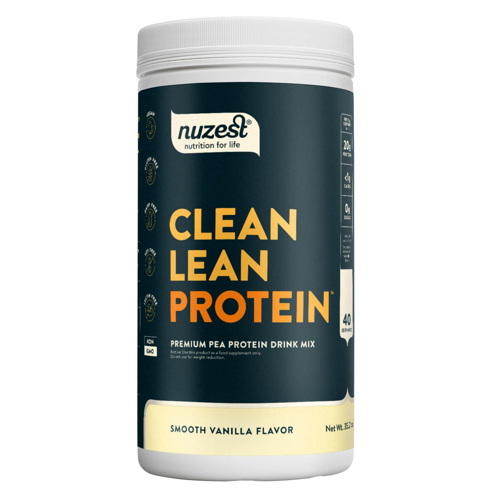 Nuzest pea protein powder smooth vanilla tub ready for a protein-rich vegan shake.