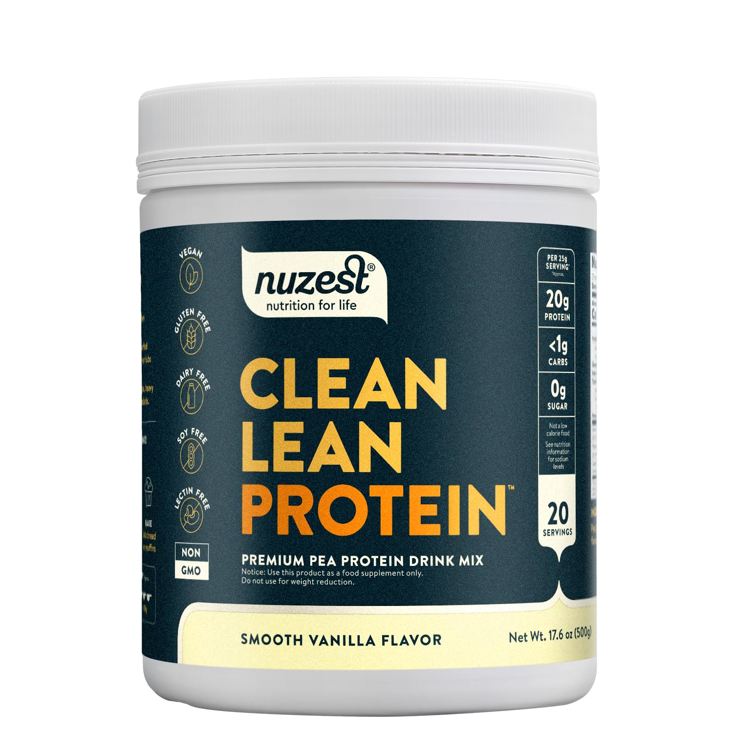 Nuzest pea protein powder vanilla scoop shows smooth texture and clean ingredients.
