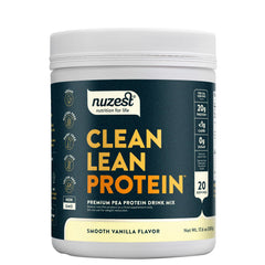Nuzest pea protein powder vanilla scoop shows smooth texture and clean ingredients.