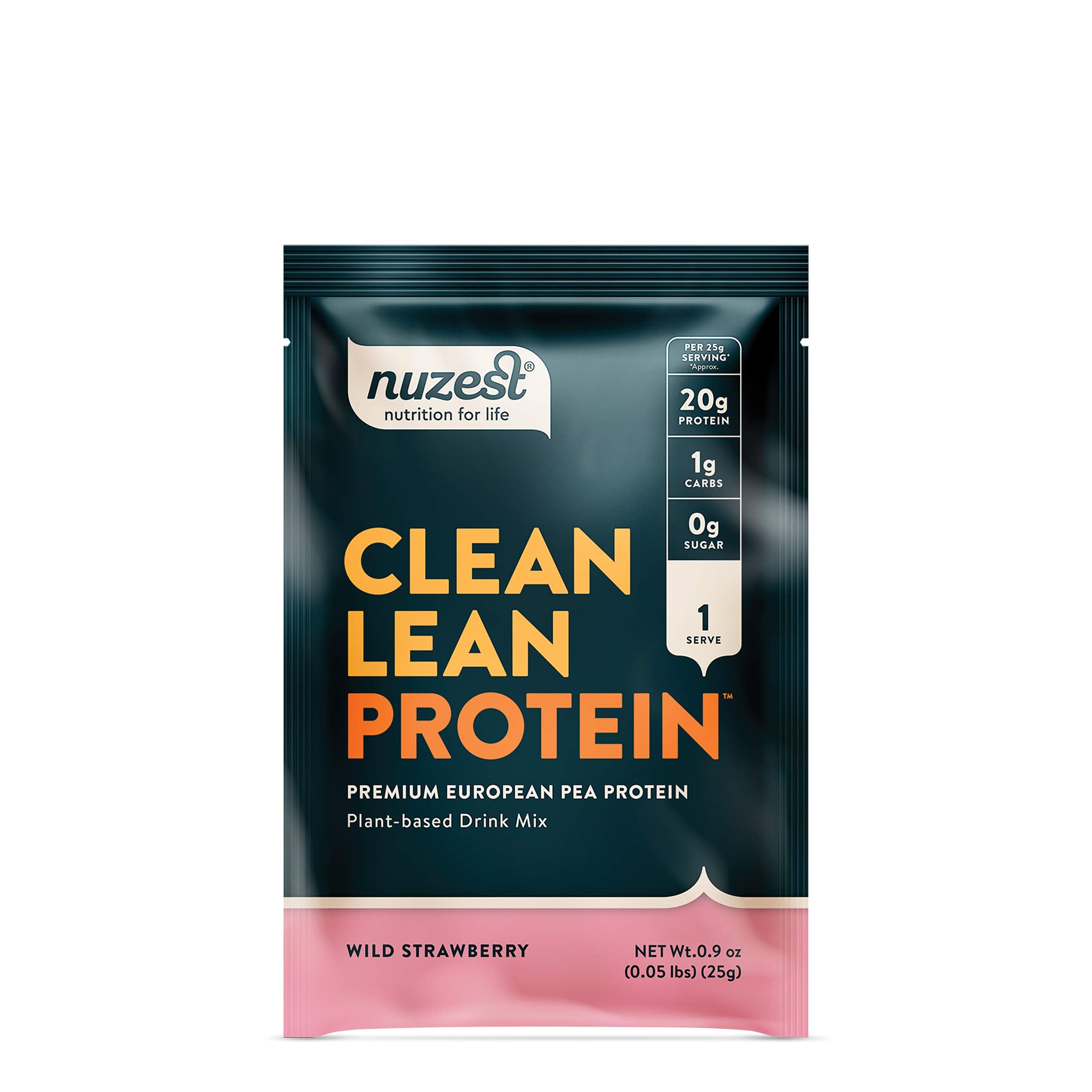 Nuzest pea protein powder wild strawberry packaging for a premium vegan shake