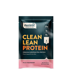 Nuzest pea protein powder wild strawberry packaging for a premium vegan shake