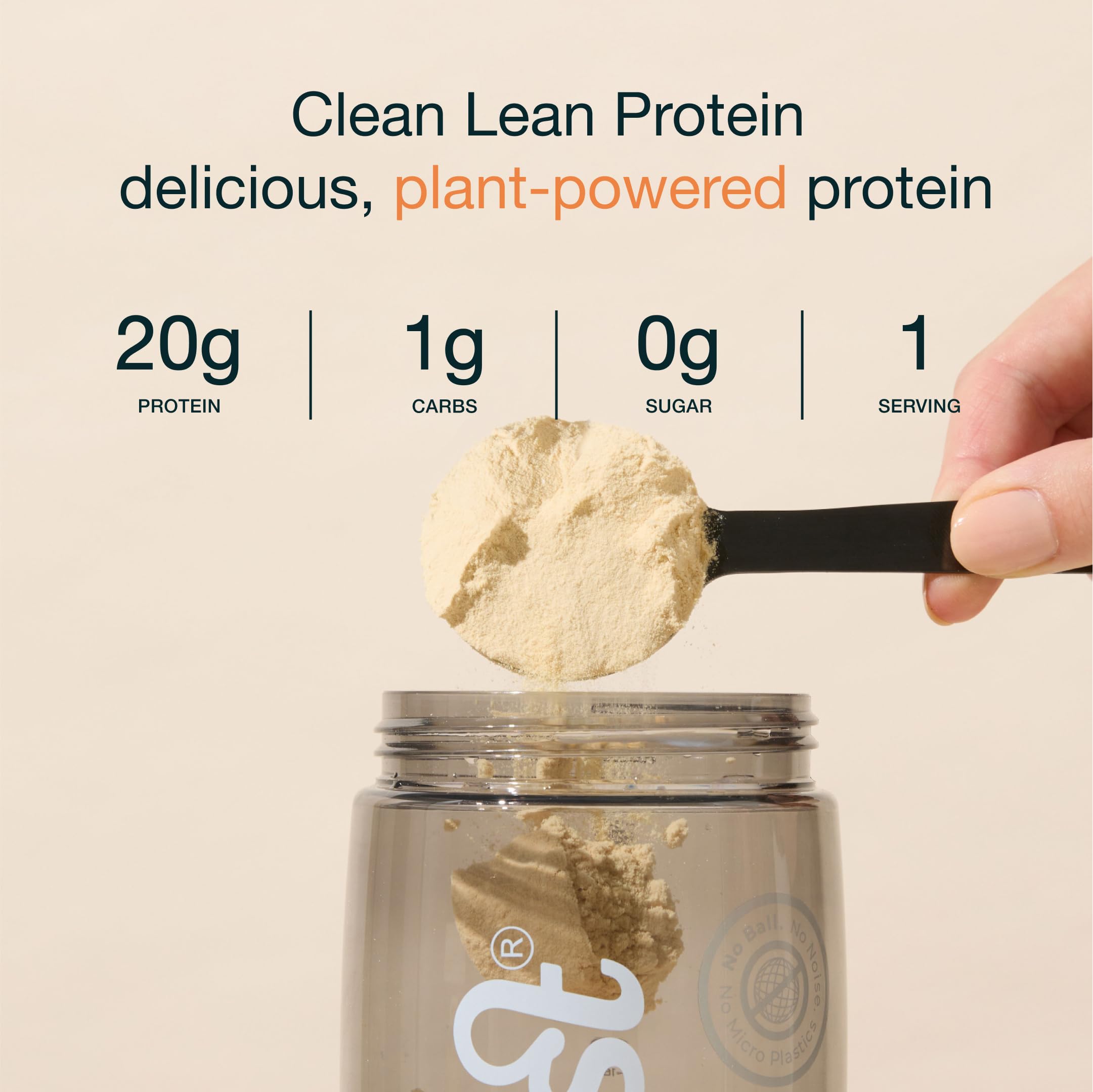 Nuzest pea protein powder scoop with powder for a smooth dairy-free shake