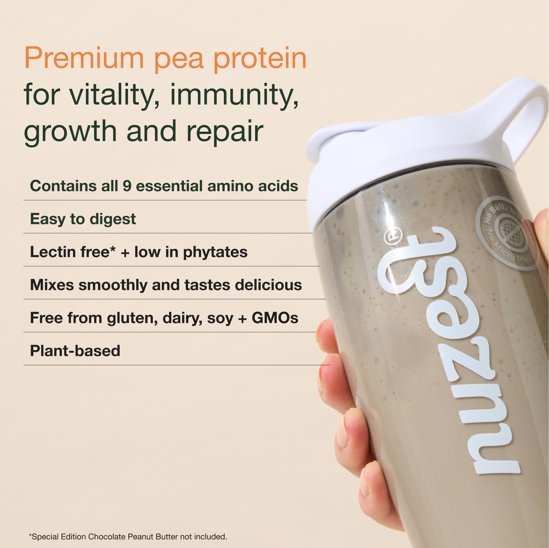 Nuzest protein shake in glass with vanilla powder illustrates easy post-workout nutrition.