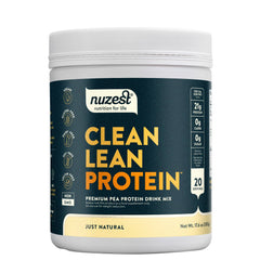 Nuzest unflavored pea protein bottle showing premium plant-based nutrition.