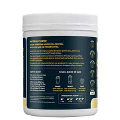 Nuzest unflavored pea protein tub close-up emphasizing allergen-free vegan formula.