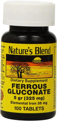 Nature's Blend Ferrous Gluconate bottle showing gluten-free formula for daily iron support