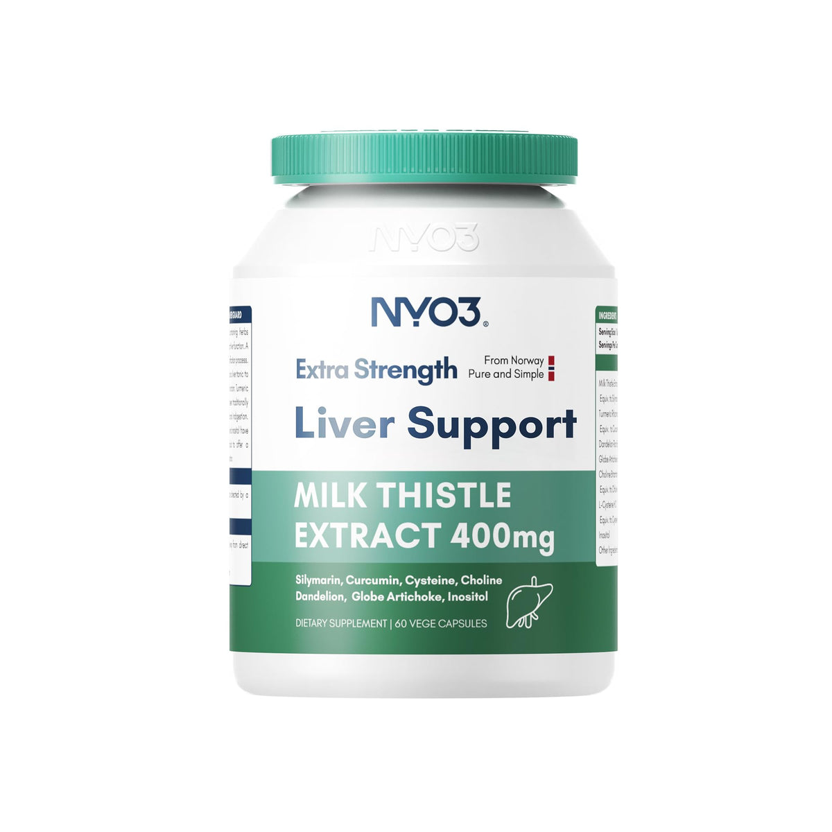 NYO3 Milk Thistle bottle label close-up for detox support potential