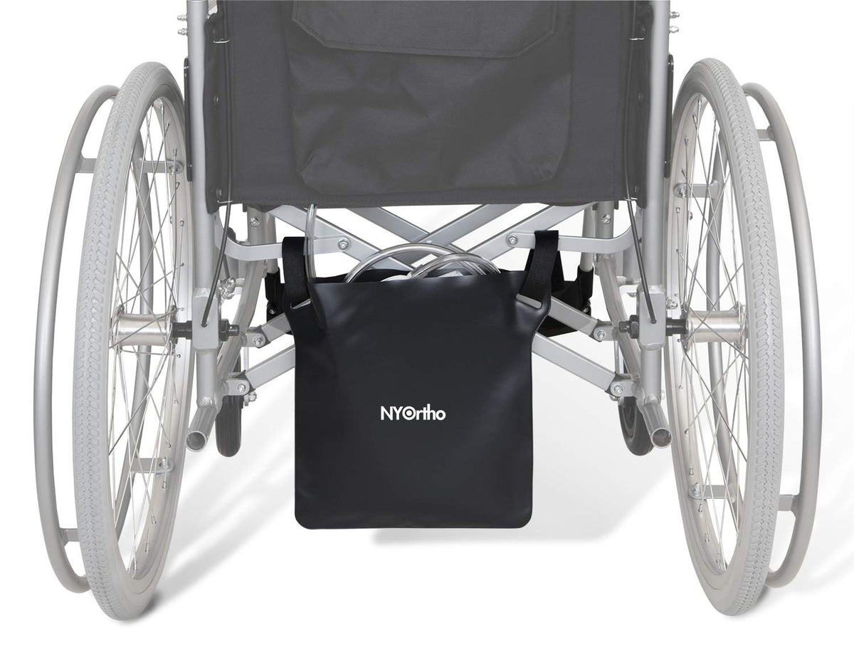 NYOrtho Urine Drainage Bag Holder attached discreetly to a wheelchair for privacy and accessibility.