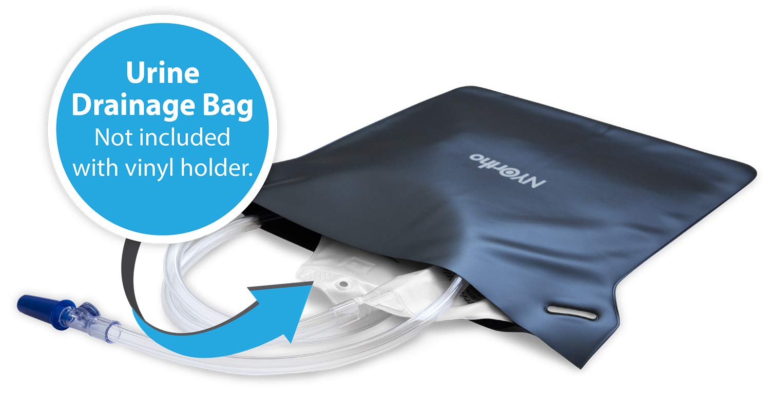 Holder mounted on bed/geri chair setup for discreet bag management.