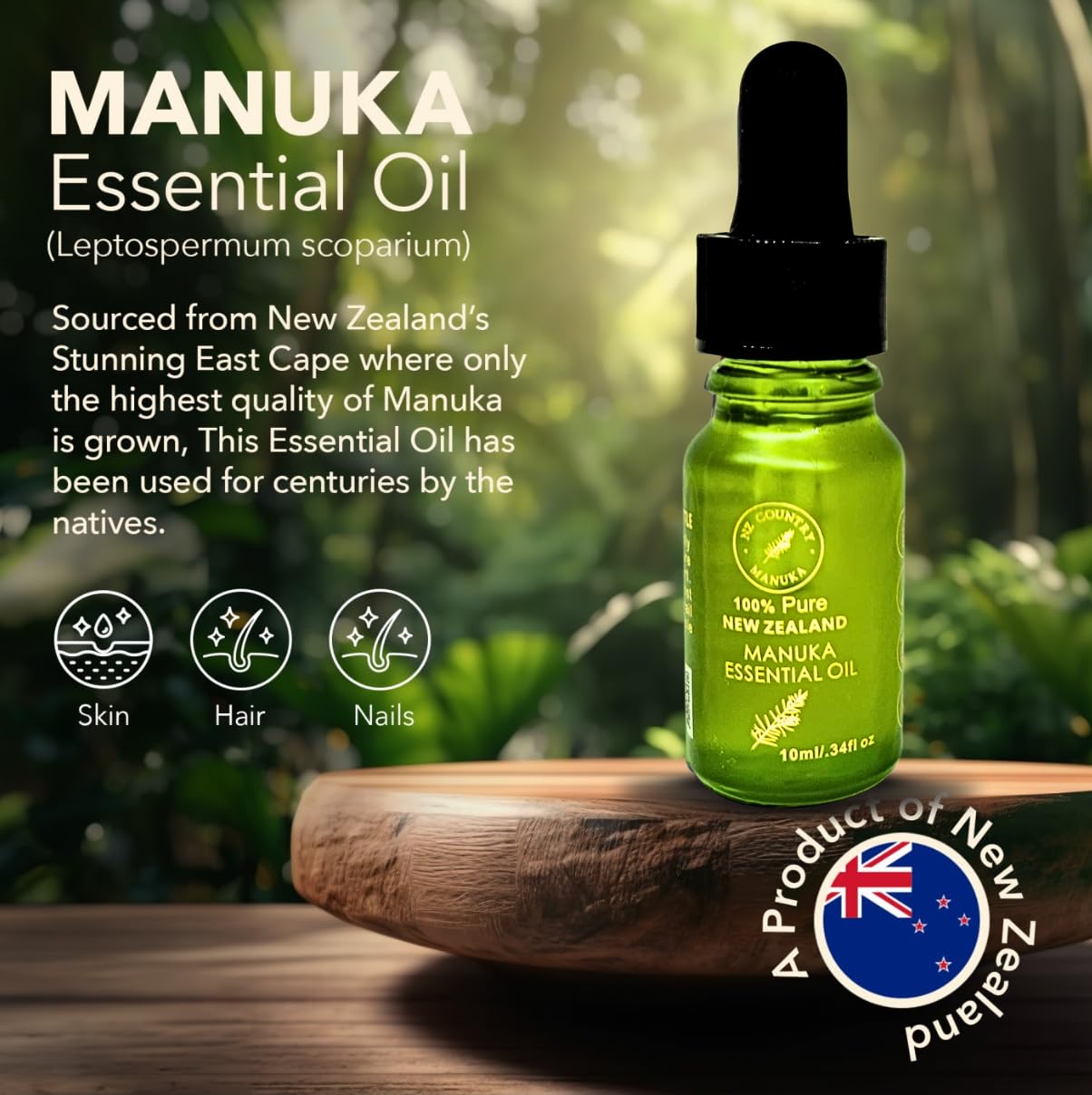 NZ Country Manuka Oil close-up highlighting triketone-rich profile.