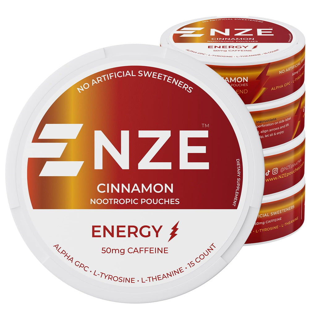 NZE Caffeine Nootropic Pouches Cinnamon can front for on-the-go energy.
