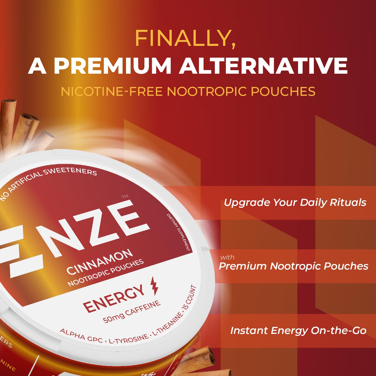 NZE Caffeine Nootropic Pouches Cinnamon can side showing compact energy boost.