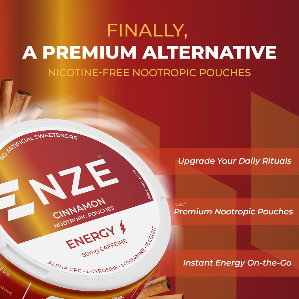 NZE Caffeine Nootropic Pouches Cinnamon can side showing compact energy boost.