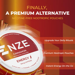 NZE Caffeine Nootropic Pouches Cinnamon can side showing compact energy boost.