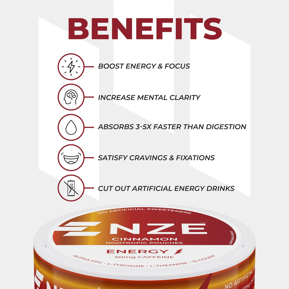 NZE Caffeine Nootropic Pouches Cinnamon pack-in-hand demonstrates convenient daily ritual.