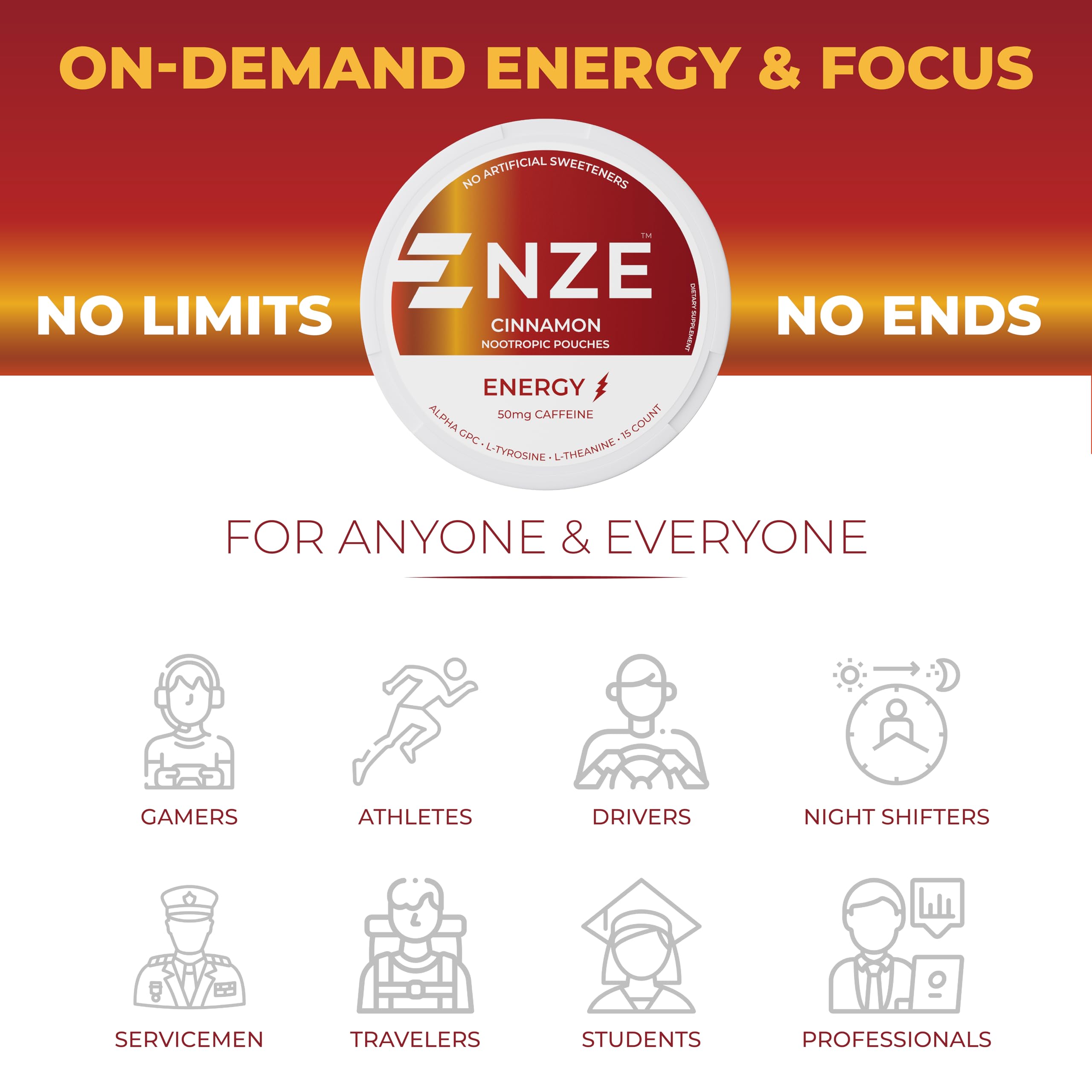 NZE Caffeine Nootropic Pouches Cinnamon pack on desk for quick focus.