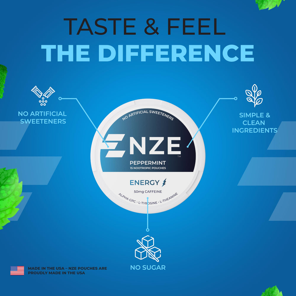 NZE Caffeine Nootropic Pouches packaging design shows mint flavor