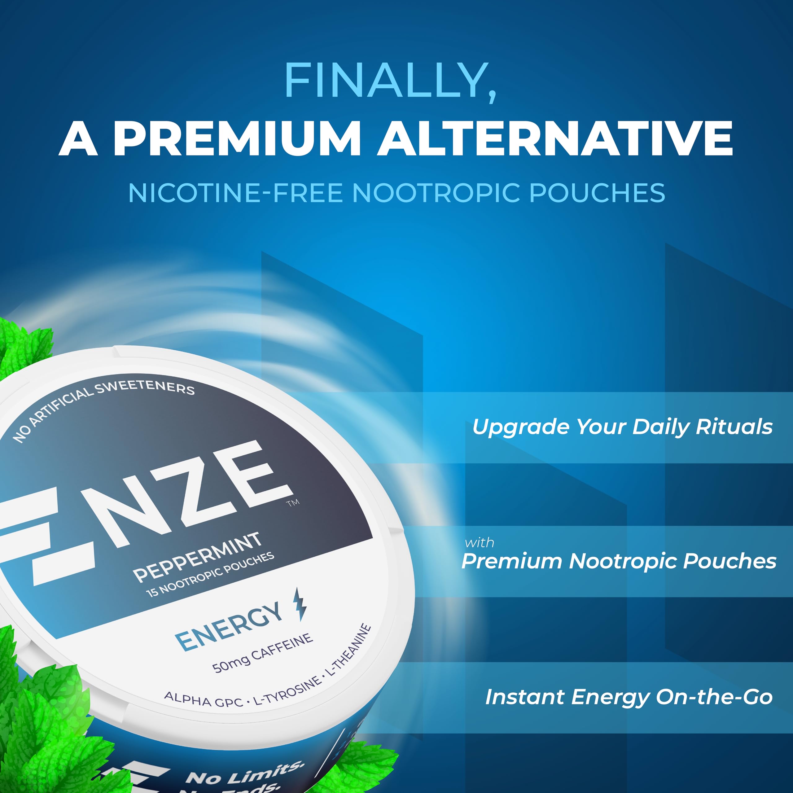 NZE Caffeine Nootropic Pouches Peppermint can back shows caffeine content