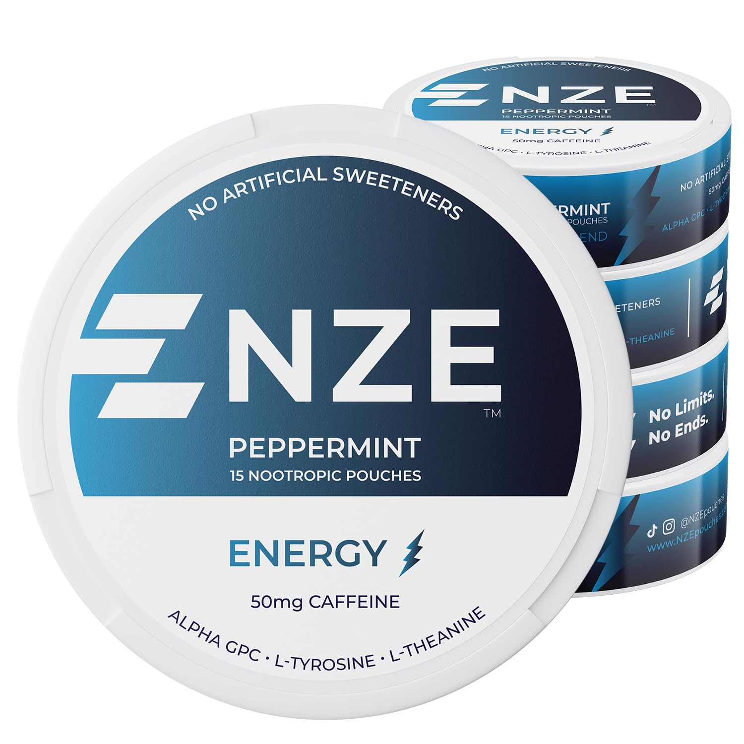 NZE Caffeine Nootropic Pouches Peppermint tin front for quick energy