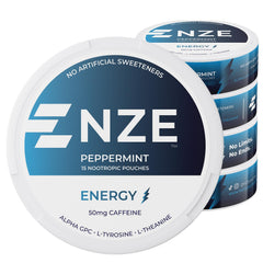 NZE Caffeine Nootropic Pouches Peppermint tin front for quick energy