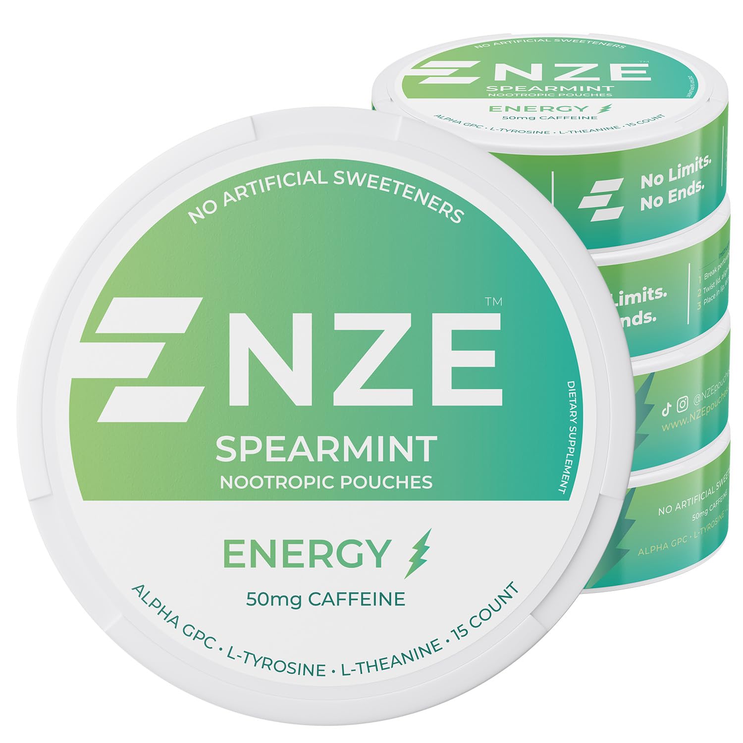 NZE Caffeine Nootropic Pouches Spearmint can for quick, clean energy