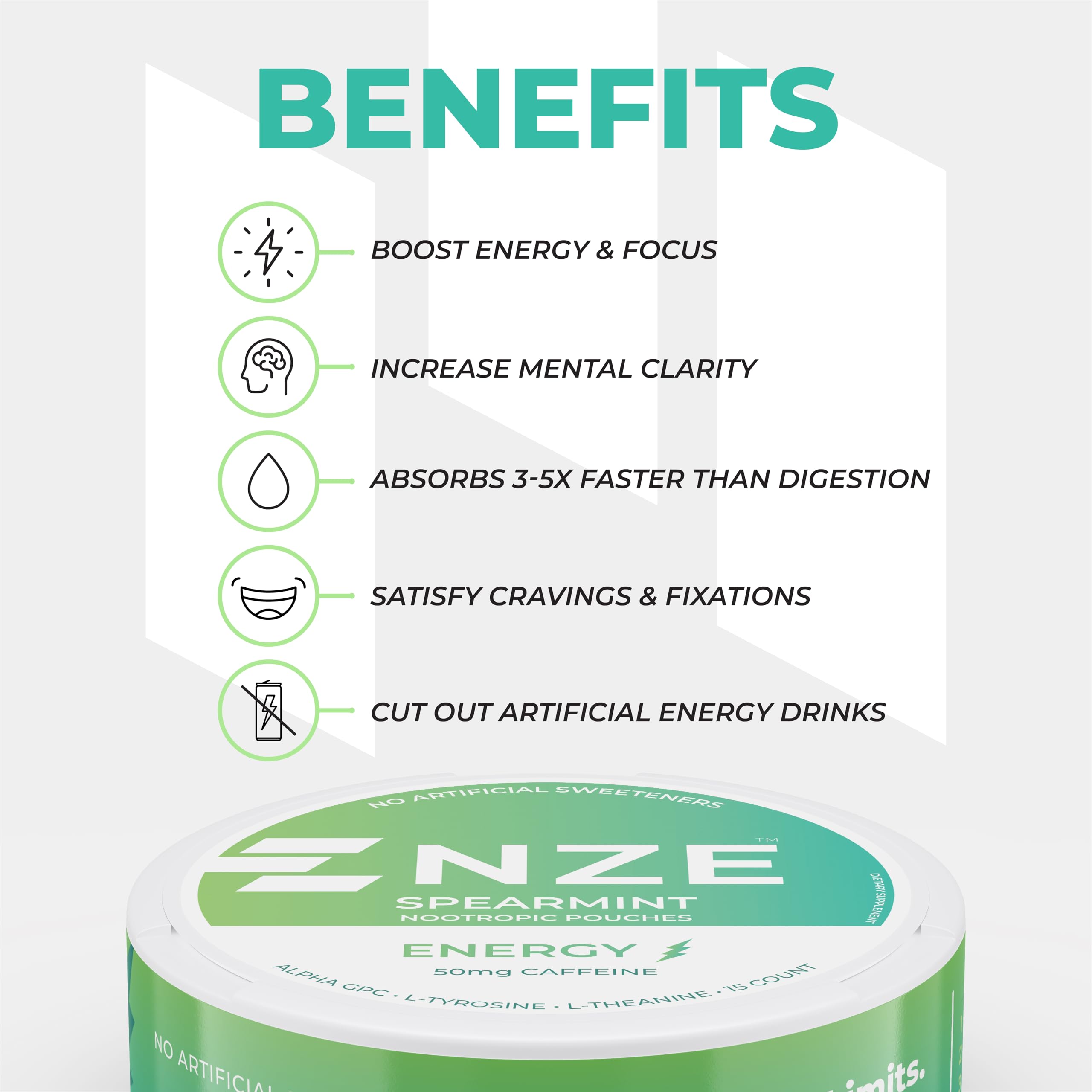 NZE Caffeine Nootropic Pouches Spearmint label closeup with features