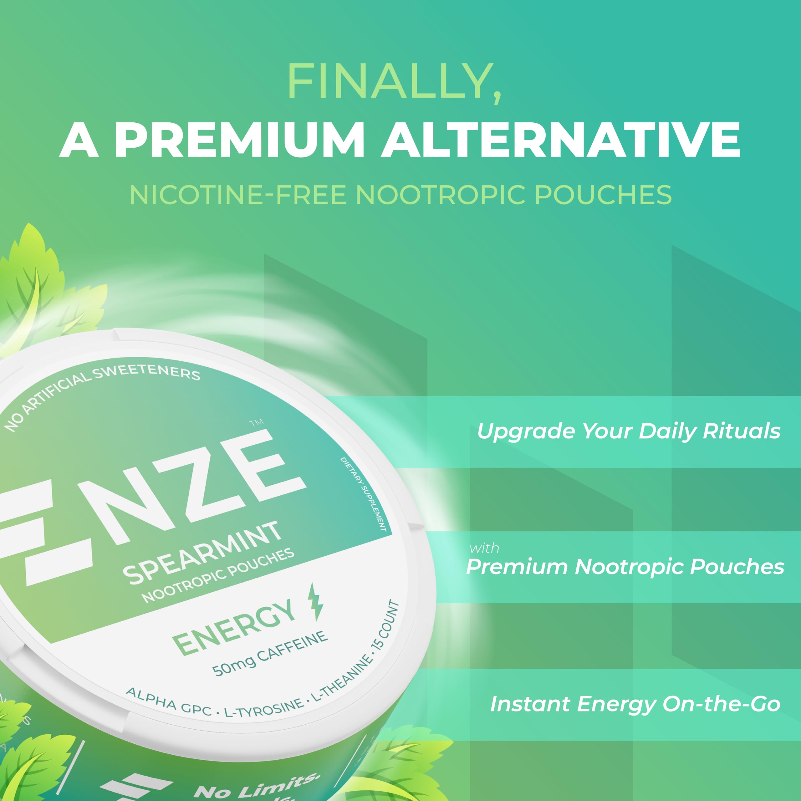 NZE Spearmint pack closeup shows convenient, sugar-free energy on the go
