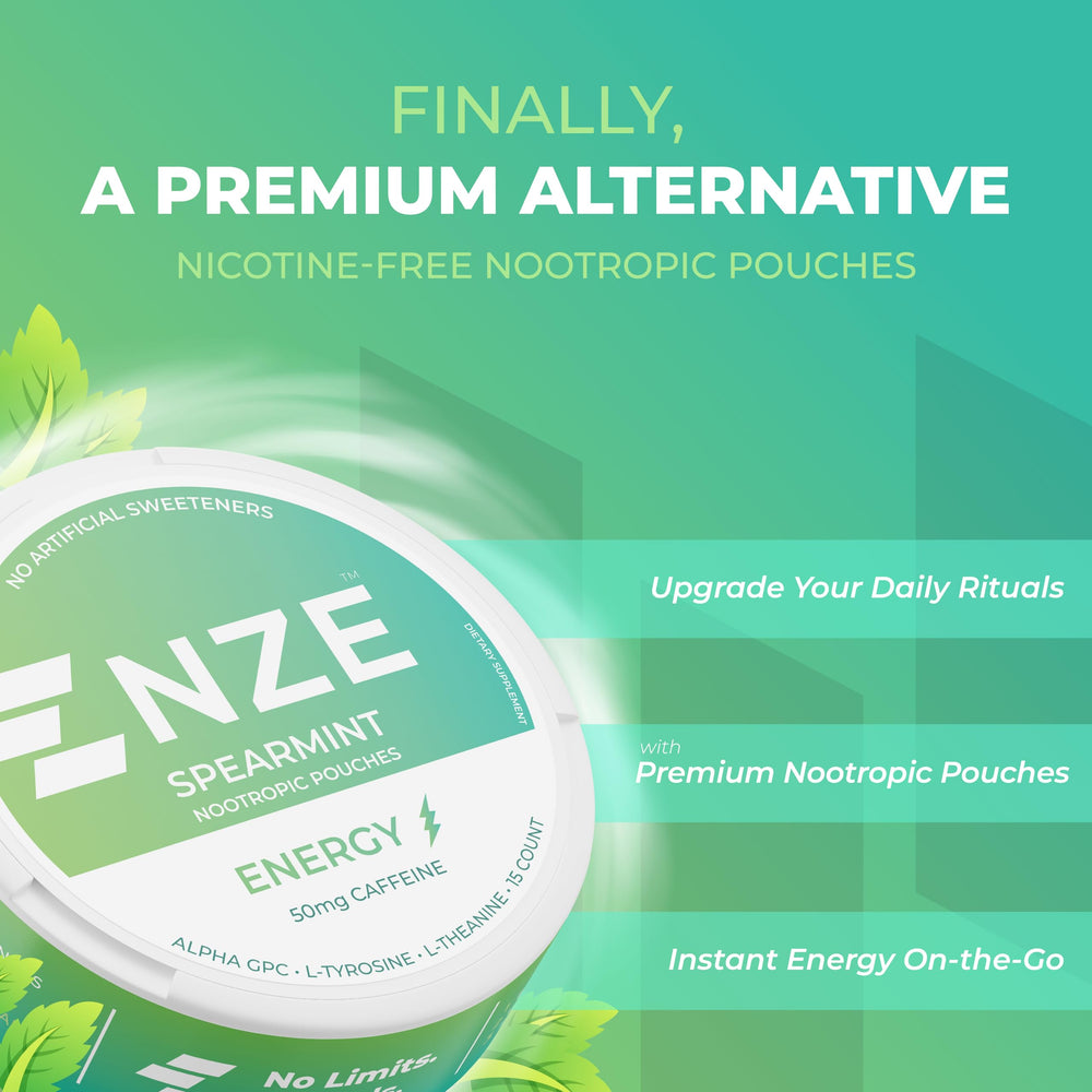 NZE Spearmint pack closeup shows convenient, sugar-free energy on the go