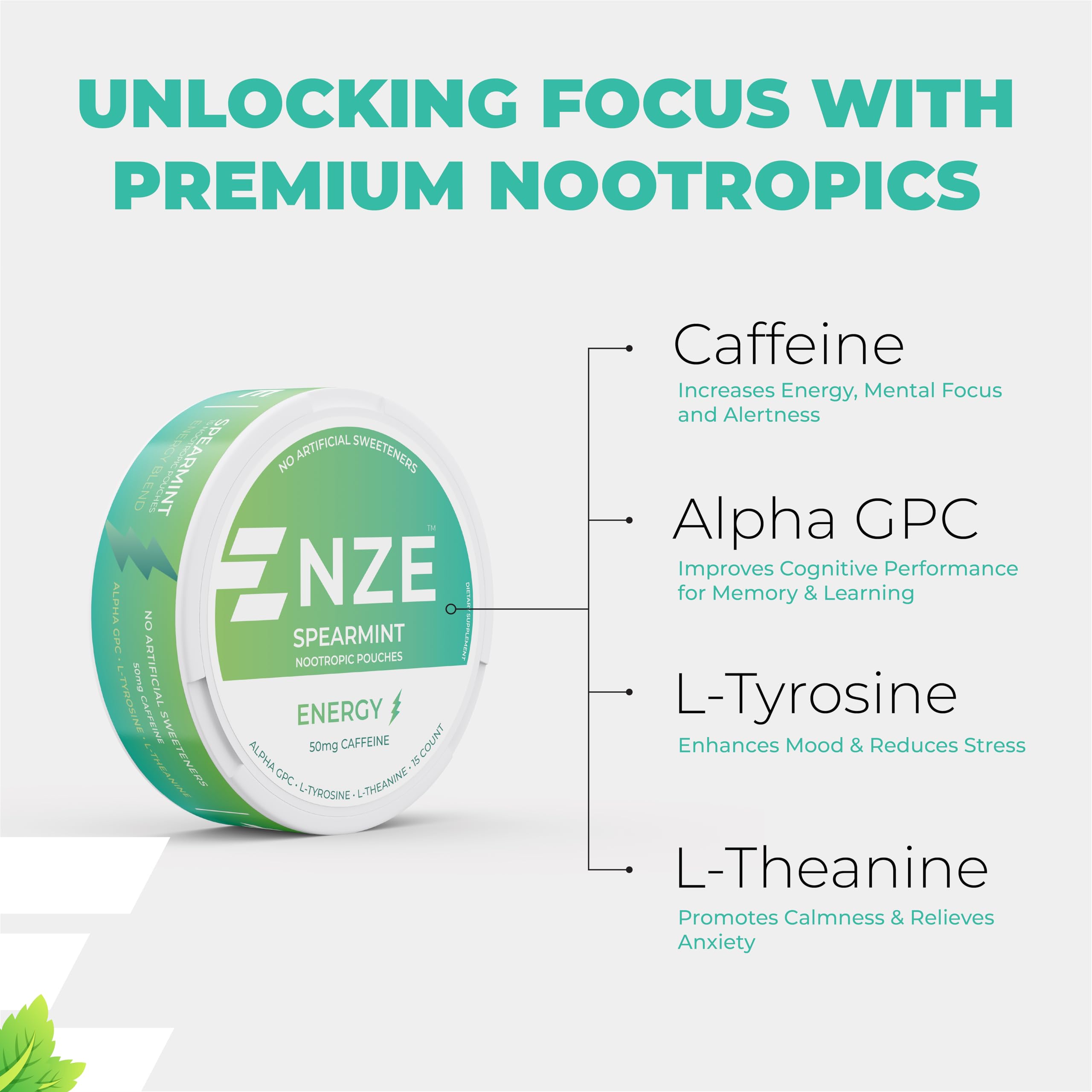 NZE Caffeine Nootropic Pouches Spearmint pouch texture highlights sweeteners