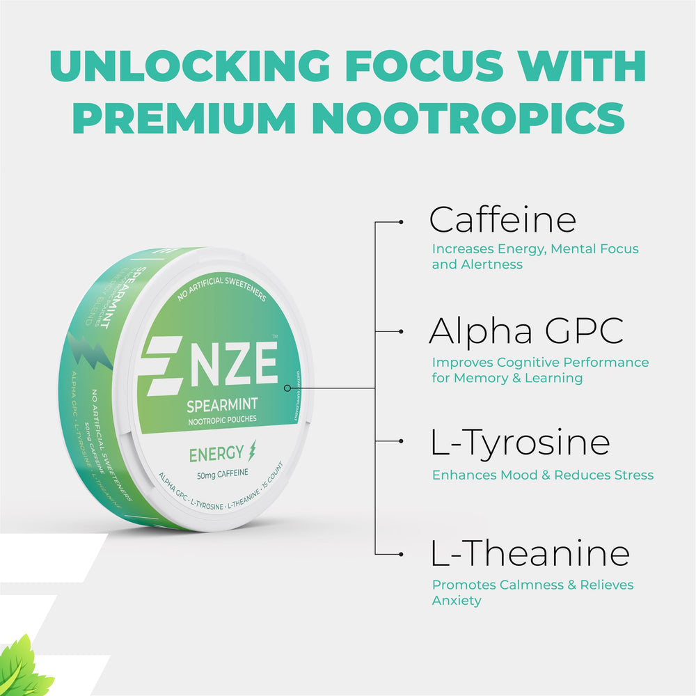 NZE Caffeine Nootropic Pouches Spearmint pouch texture highlights sweeteners